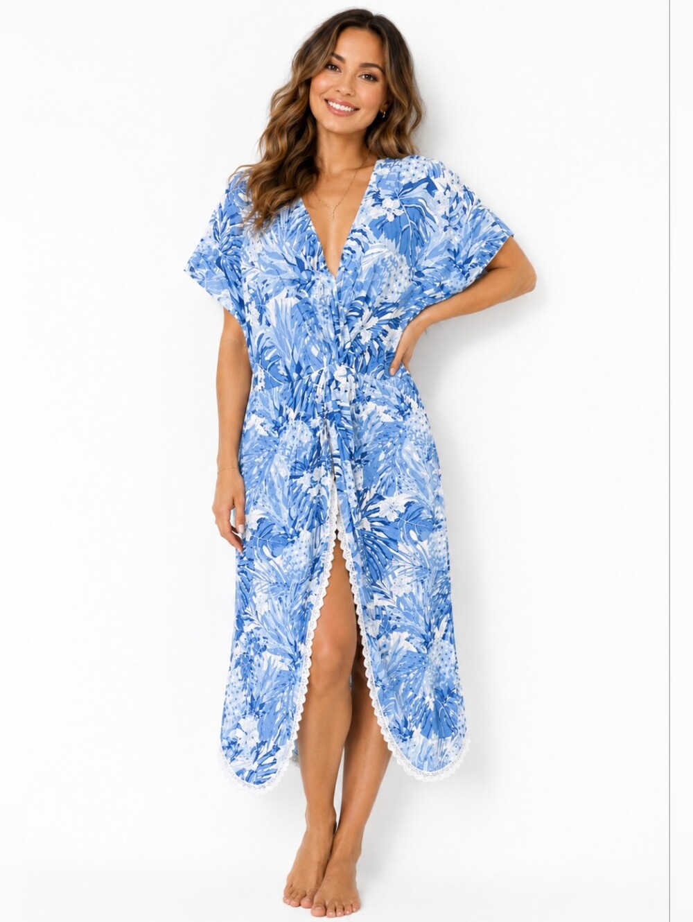 American & Beyond Blue Tropical Print Cover Up Kaftan Size S NWT Boho